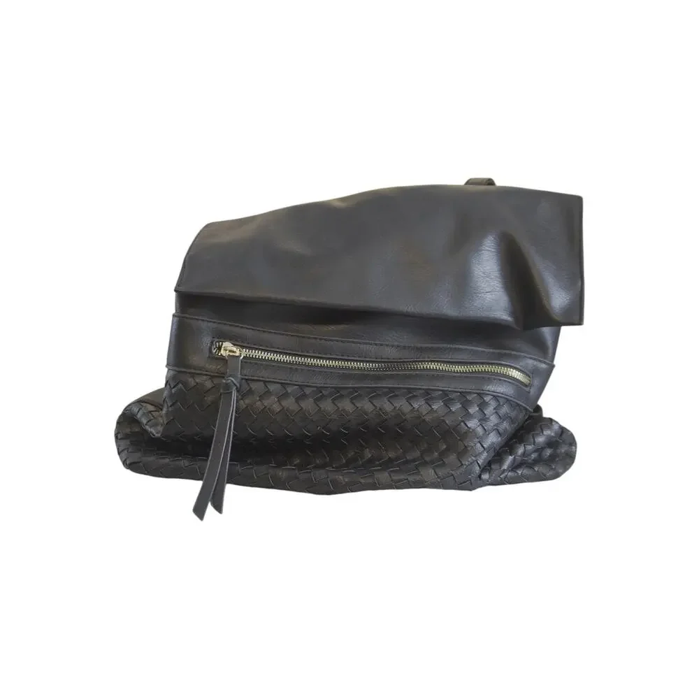 Black Woven Faux Leather Backpack Tote Animal Print Lining Laptop School Bag